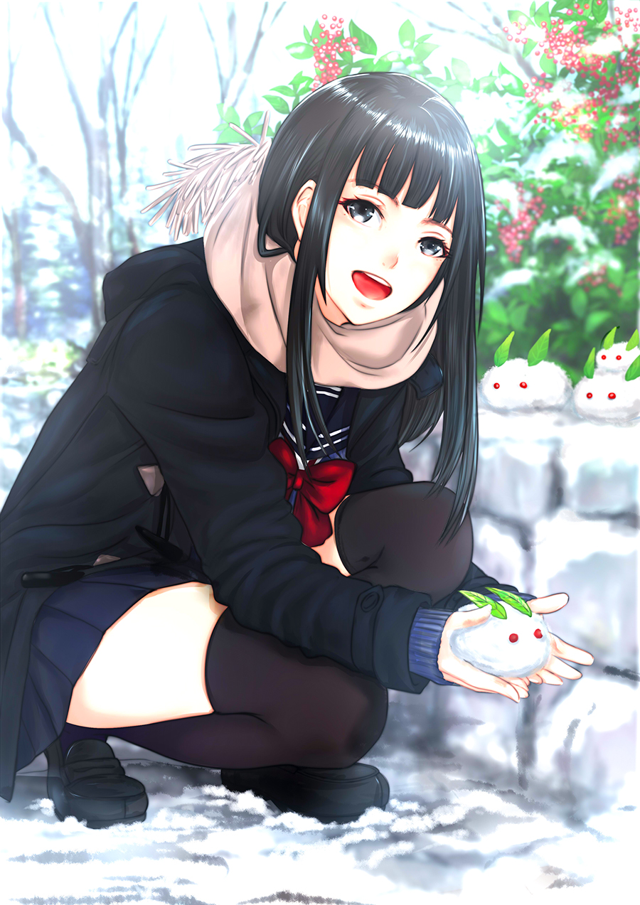 1girl, :d, black_eyes, black_footwear, black_hair, black_legwear, full_body, highres, konekoneko_(indonesia), long_hair, looking_at_viewer, navy_skirt, open_mouth, original, outdoors, pink_scarf, scarf, school_uniform, smile, snow, snow_bunny, solo, thigh-highs, thighs