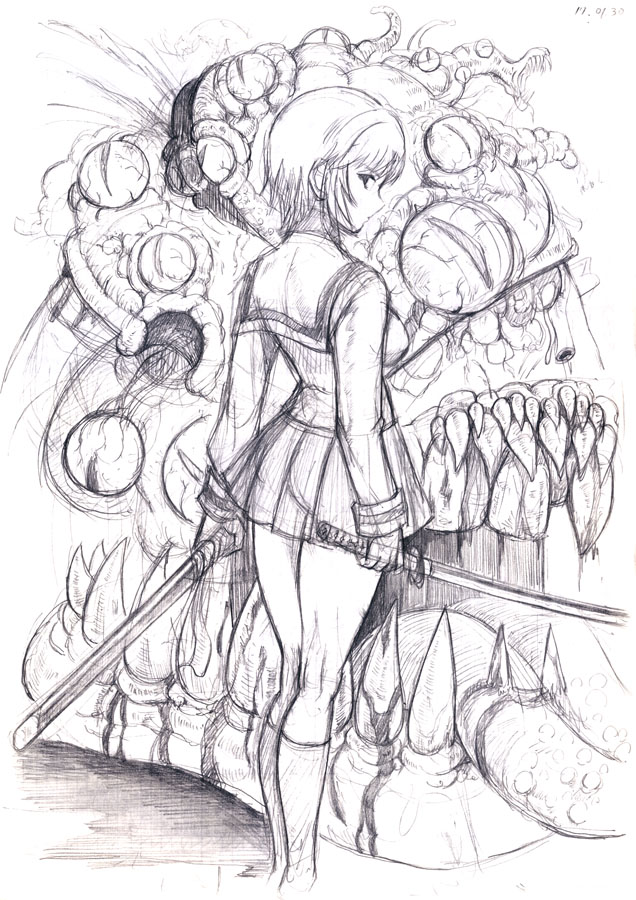 1girl, dated, dual_wielding, gloves, greyscale, holding, holding_sword, holding_weapon, katana, looking_back, monochrome, monster, school_uniform, shinjou_serika, shopyun, short_hair, standing, sword, tokimeki_memorial, tokimeki_memorial_3, traditional_media, weapon