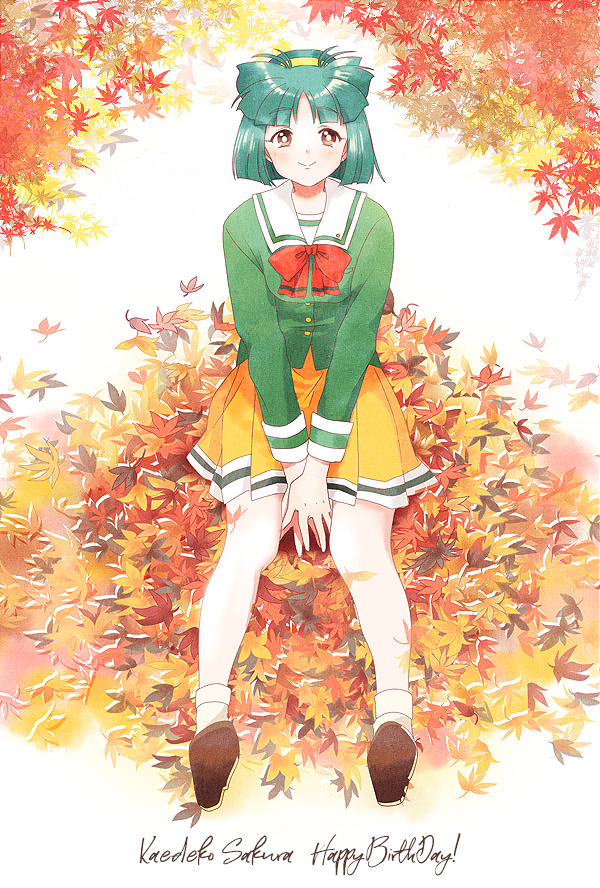 1girl, autumn_leaves, brown_eyes, brown_footwear, character_name, full_body, green_hair, happy_birthday