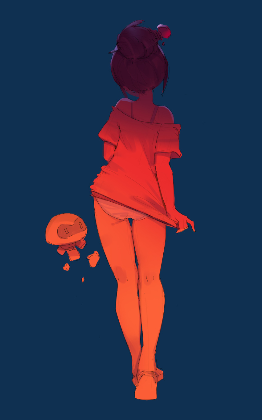 1girl, ass, blue_background, bra_strap, brown_hair, contrapposto, drone, facing_away