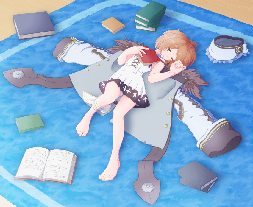 1girl, bare_shoulders, blanc, blue_eyes, book, brown_hair, fur_trim, hat, highres, looking_at_viewer, neptune_(series), short_hair, sleeping, up_(mmmmmmmmss)