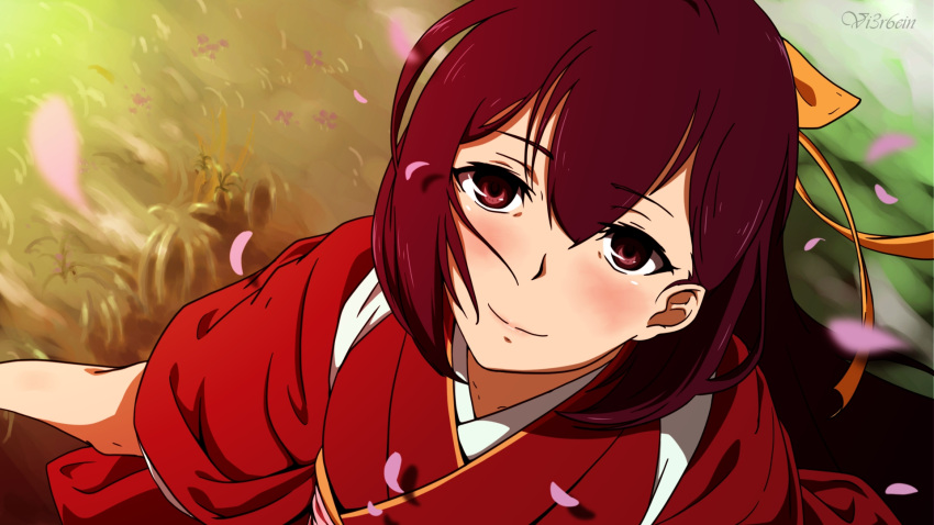 1girl, blown_petals, blurry, blush, closed_mouth, depth_of_field, field, from_above