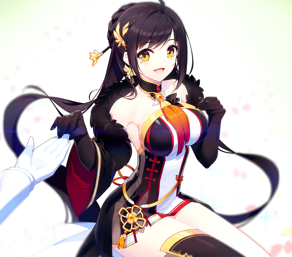 ara_han, black_hair, breasts, elsword, gloves, large_breasts, long_hair, smile, sylpi, tears, yama_raja_(elsword), yellow_eyes