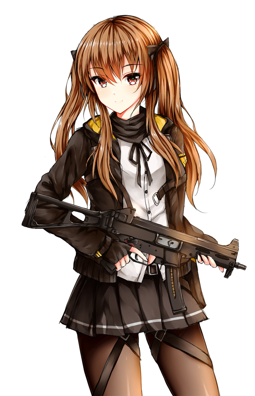 1girl, black_gloves, black_jacket, black_ribbon, black_skirt, brown_eyes, brown_hair, brown_legwear