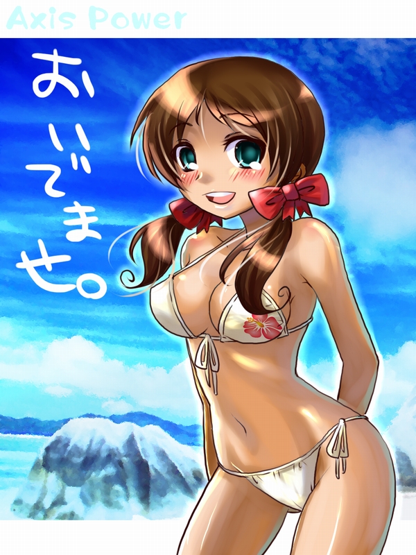 bad_id, beach, bikini, brown_hair, green_eyes, long_hair, nyorori, nyorori_(tatsutaage)