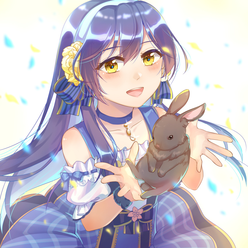 1girl, bangs, blue_hair, blush, choker, commentary_request, flower, hair_between_eyes