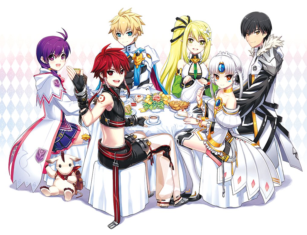 aisha_(elsword), black_hair, blade_master_(elsword), blonde_hair, chair, chung_seiker, code:_empress_(elsword), deadly_chaser_(elsword)