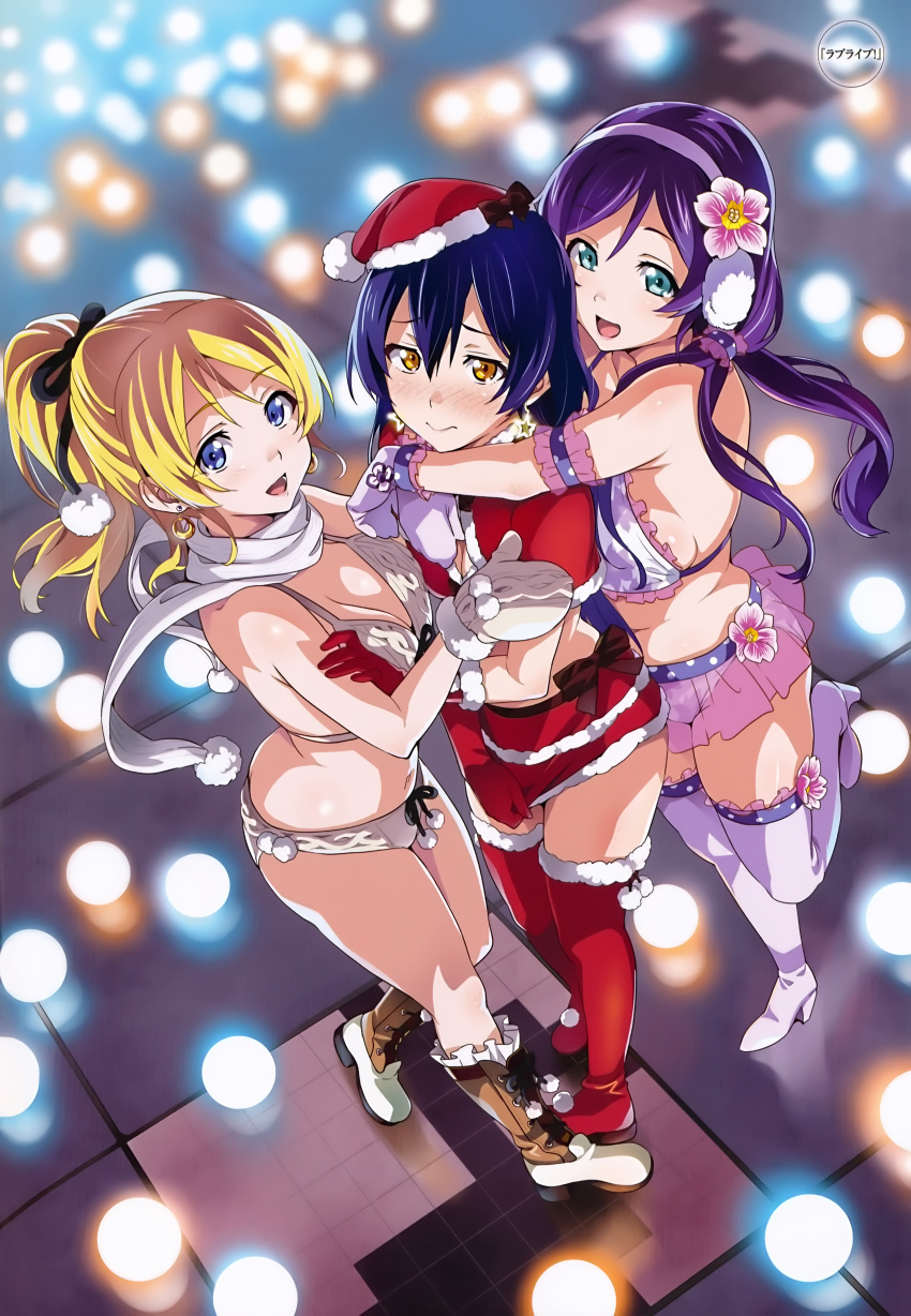 3girls, absurdres, ayase_eli, bikini, blonde_hair, blue_eyes, blue_hair, blush