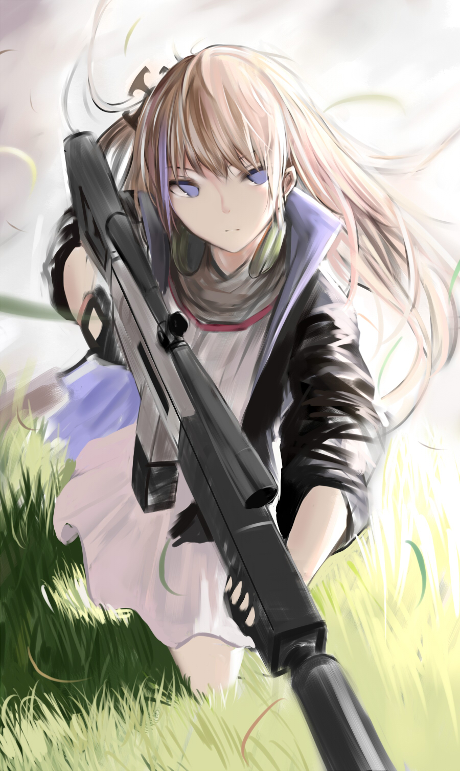 1girl, ar-15, assault_rifle, bangs, blue_eyes, brown_hair, closed_mouth, clouds