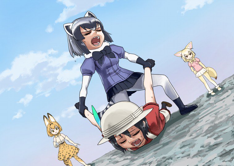 4girls, animal_ears, artist_request, common_raccoon_(kemono_friends), fennec_(kemono_friends), fighting, gachimuchi, gaybar_pose, kaban_(kemono_friends), kemono_friends, multiple_girls, outdoors, outstretched_arms, school_uniform, serval_(kemono_friends), serval_ears, serval_print, serval_tail, sky, stretch, tail
