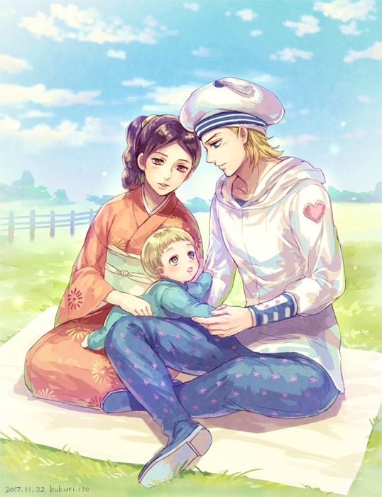 1girl, 2boys, baby, black_hair, blonde_hair, blue_eyes, brown_eyes, child, dyresbroom, family, george_joestar_ii_(jojolion), hat, higashikata_rina, hood, hoodie, husband_and_wife, japanese_clothes, johnny_joestar, jojo_no_kimyou_na_bouken, jojolion, kimono, multiple_boys, running, sailor_hat, sitting, sky, star, star_print, steel_ball