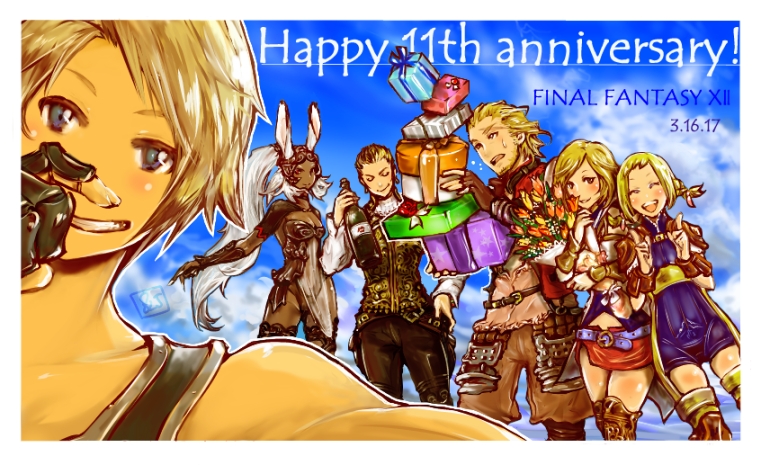 2017, 3boys, 3girls, ^_^, animal_ears, anniversary, armor, ashelia_b'nargin_dalmasca