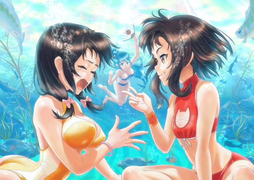 3girls, aqua, bikini, black_bikini, black_hair, blue_eyes, blue_hair, breasts