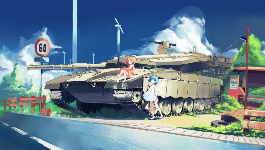 2girls, absurdres, blue_eyes, blue_hair, child, clouds, dress, french