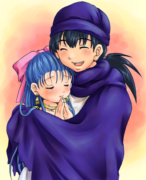 1girl, blue_hair, bow, cape, closed_eyes, couple, demerin, dragon_quest