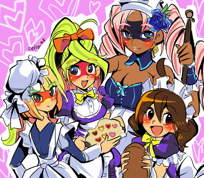 ahoge, alto_(ezstrongs), arms_(game), beanie, blonde_hair, blue_eyes, brown_hair, dark_skin, domino_mask, dress, drill_hair, earrings, green_eyes, hat, jewelry, lips, long_hair, looking_at_viewer, maid, maid_headdress, mask, mechanica_(arms), min_min_(arms), multicolored_hair, open_mouth, pink_hair, ponytail, ribbon, ribbon_girl_(arms), ribbon_hair, short_hair, smile, twin_drills, twintails, twintelle_(arms), two-tone_hair, very_long_hair, violet_eyes