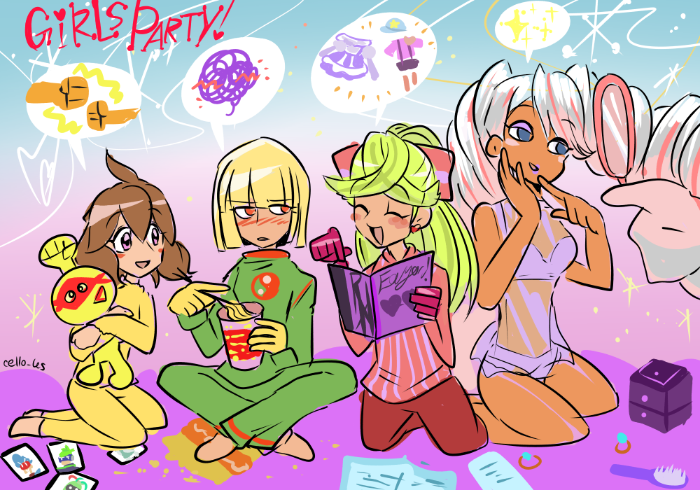 4girls, alto_(ezstrongs), arms_(game), blonde_hair, blue_eyes, blush, camisole, dark_skin