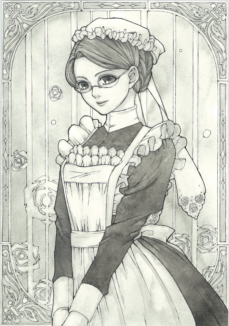 1girl, apron, closed_mouth, dress, emma_(victorian_romance_emma), frame, frilled_apron, frills, glasses, grey, hair_up, highres, light_smile, long_sleeves, maid, maid_headdress, monochrome, out_of_frame, puffy_long_sleeves, puffy_sleeves, sayococco, solo, traditional_media, v_arms, victorian, victorian_romance_emma, watercolor_(medium)