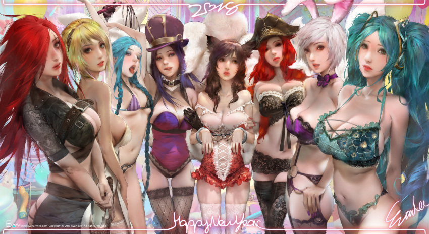 2018, ahri, alternate_costume, animal_ears, aqua_hair, artist_name, belt, belt_buckle, bicorne, biting, black_ribbon, blonde_hair, blue_hair, braiding_hair, breasts, buckle, caitlyn_(league_of_legends), corset, cross-laced_clothes, cuffs, evan_lee, flower_ornament, fox_ears, fox_girl, fox_tail, gradient_hair, green_eyes, hairdressing, handcuffs, hat, highres, holding, holding_weapon, jinx_(league_of_legends), katarina_du_couteau, large_breasts, league_of_legends, lingerie, lip_biting, long_hair, medium_breasts, miss_fortune, miss_fortune_(league_of_legends), multicolored_hair, multiple_girls, open_mouth, orange_eyes, rabbit, redhead, ribbon, riven_(league_of_legends), sarah_fortune, scar, short_hair, small_breasts, sona_buvelle, tail, thigh-highs, tongue, tongue_out, twintails, underwear, very_long_hair, watermark, weapon, whisker_markings