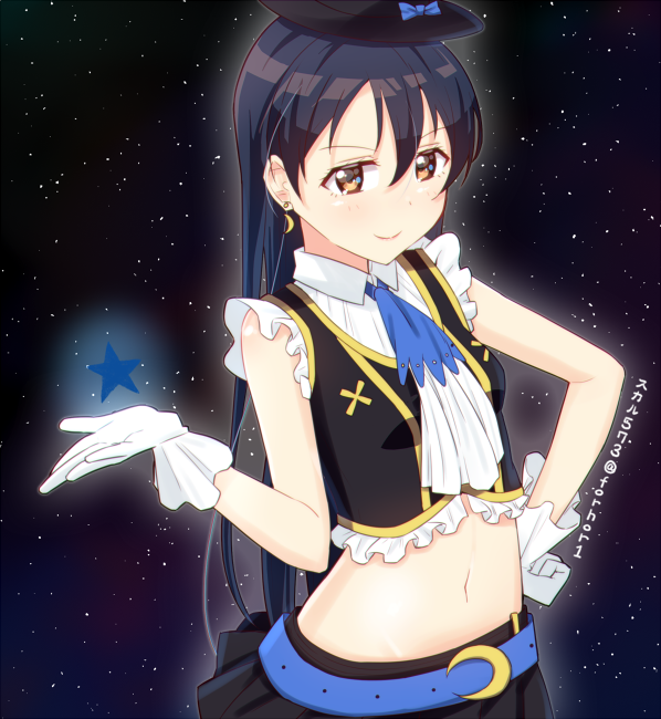 1girl, bangs, blue_hair, blush, closed_mouth, commentary_request, earrings, gloves