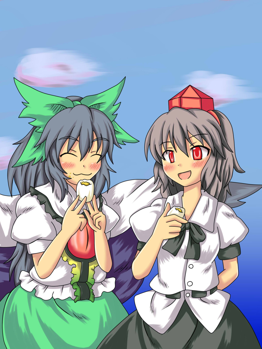 akatsubon, akazu_bon, black_hair, black_wings, eating, egg, hat, highres
