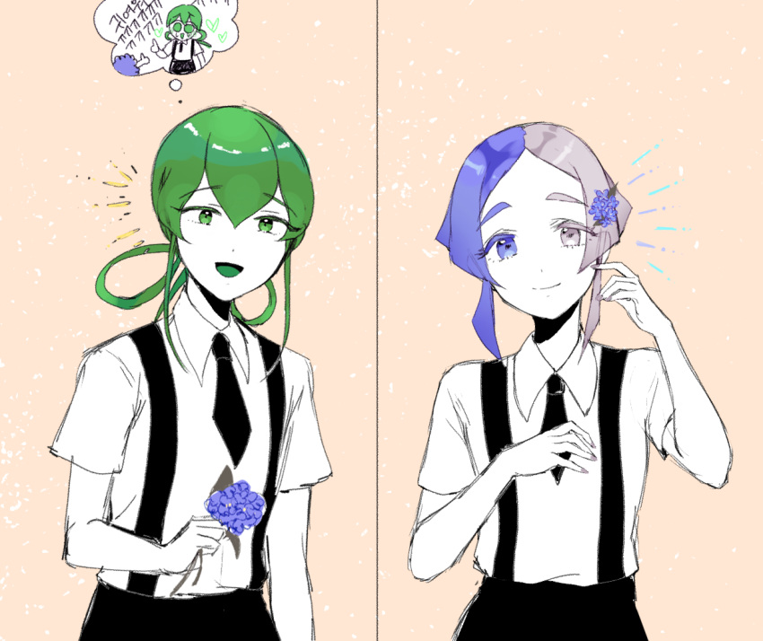 androgynous, black_neckwear, blue_flower, euclase_(houseki_no_kuni), flower, gem_uniform_(houseki_no_kuni), green_eyes, green_hair
