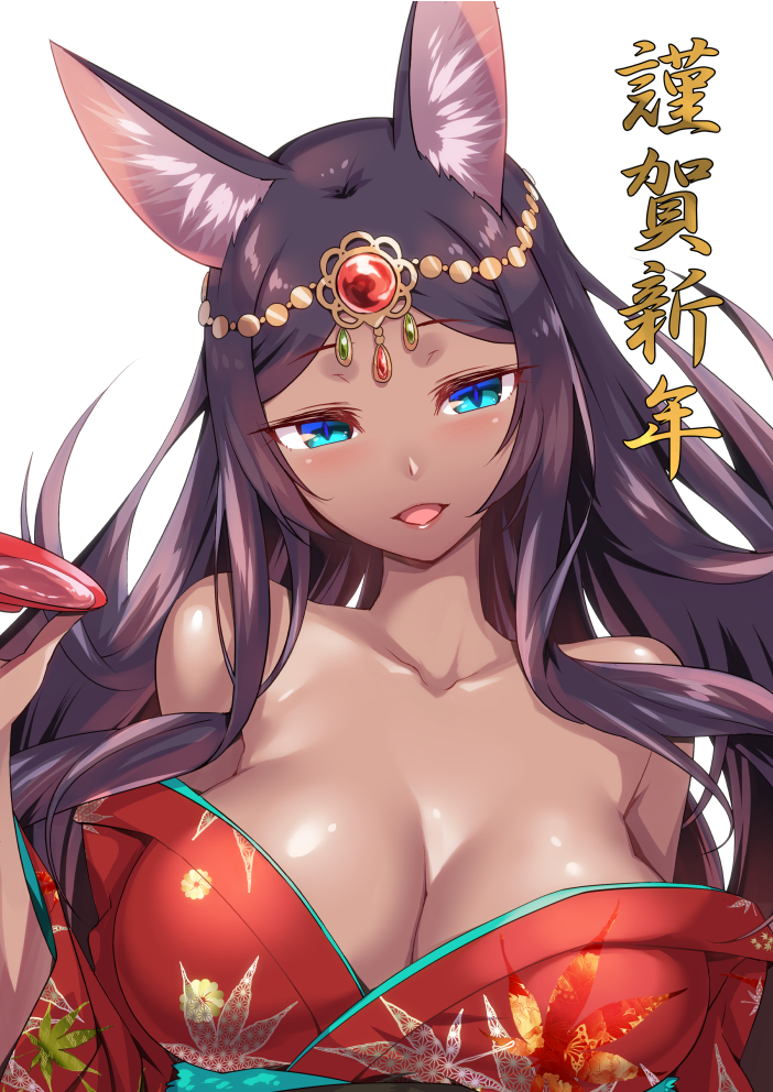 1girl, alcohol, animal_ears, bare_shoulders, blush, breasts, cleavage, collarbone