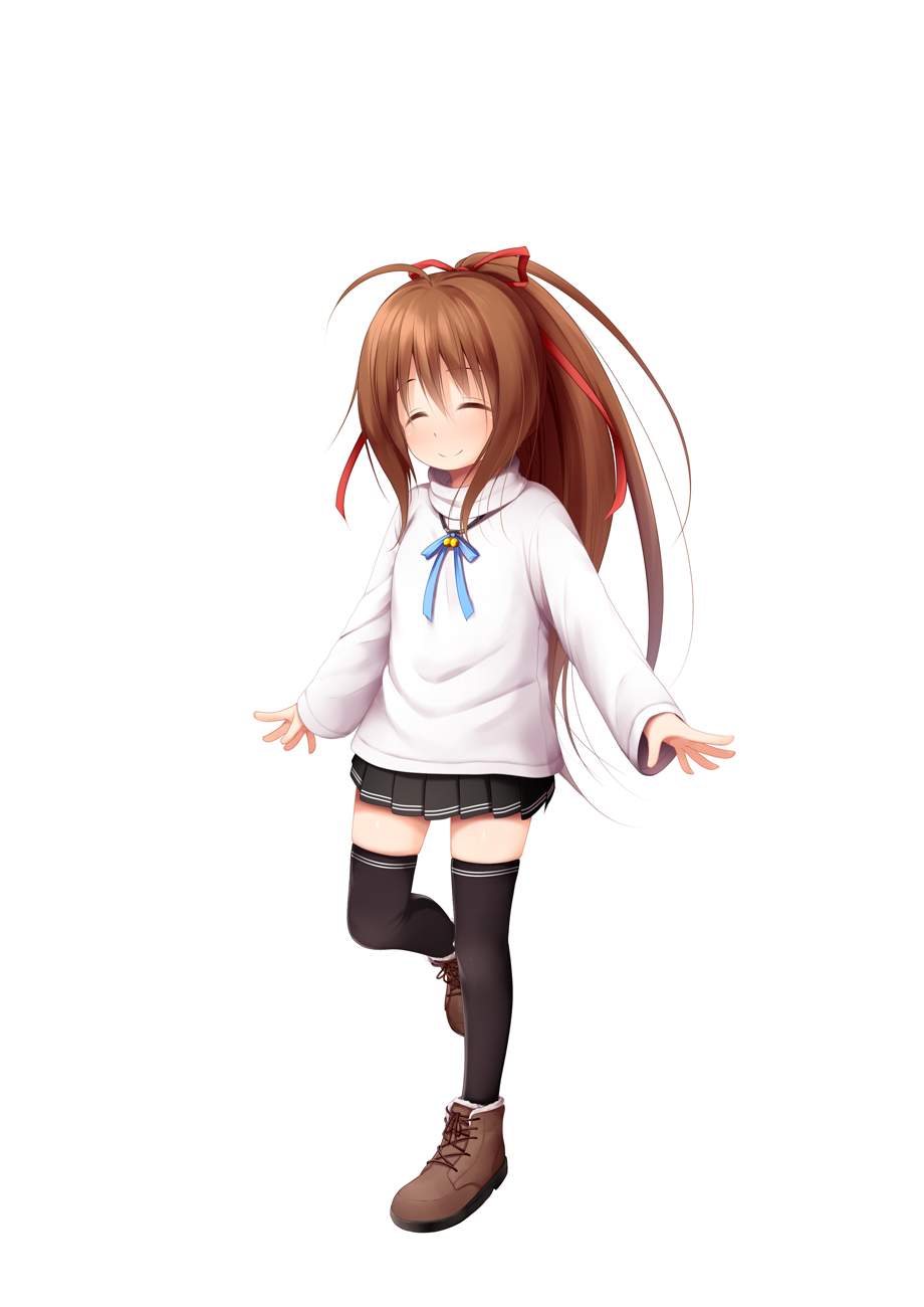 1girl, ^_^, ahoge, bangs, black_legwear, black_skirt, blue_ribbon, blush
