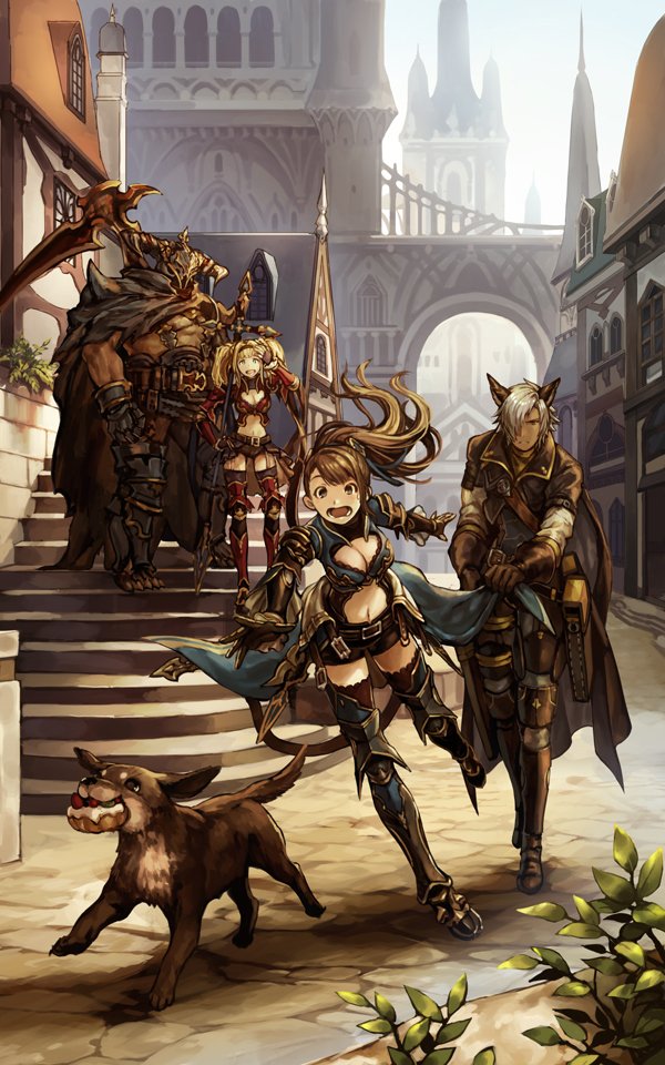 animal_ears, armor, beatrix_(granblue_fantasy), cape, city, dog, doraf, erun_(granblue_fantasy), eustace_(granblue_fantasy), gloves, granblue_fantasy, polearm, scythe, spear, stairs, thigh-highs, vaseraga, weapon, zeta_(granblue_fantasy), zinnkousai3850