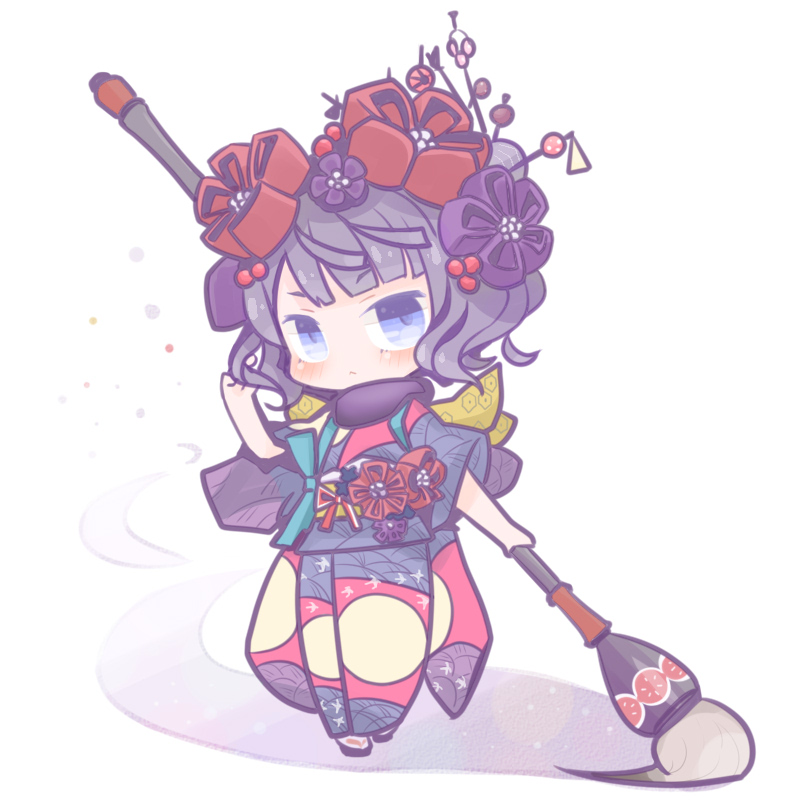 1girl, art_brush, black_hair, blue_eyes, brush, calligraphy_brush, chibi, fate/grand_order, fate_(series), flower, giant_brush, hair_flower, hair_ornament, hairpin, homurabi, ink, japanese_clothes, katsushika_hokusai_(fate/grand_order), kimono, paintbrush, solo