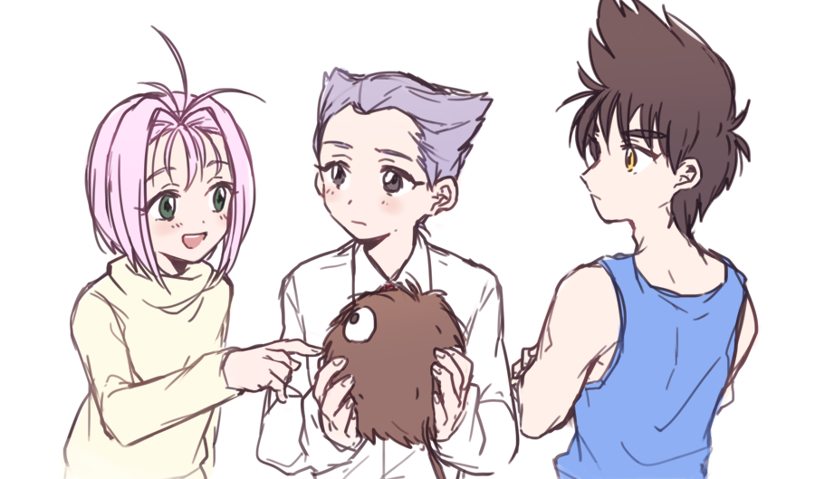 1girl, 2boys, brown_hair, gamlin_kizaki, green_eyes, guvava, long_hair, macross