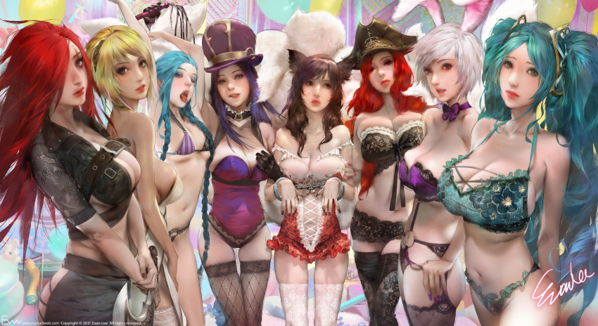 2018, ;p, absurdres, ahri, alternate_costume, animal_ears, aqua_bra, aqua_hair
