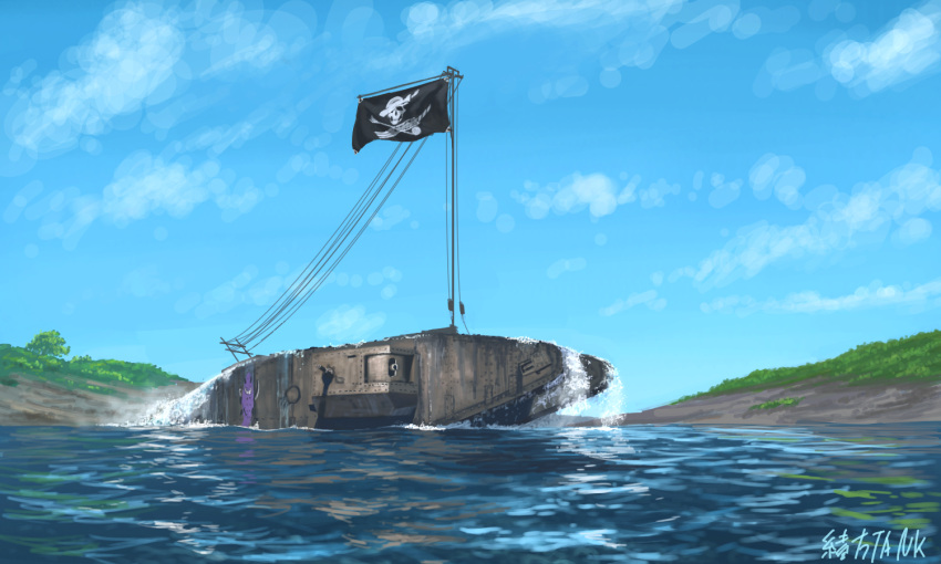 artist_name, clouds, cloudy_sky, commentary, day, emblem, flag, girls_und_panzer