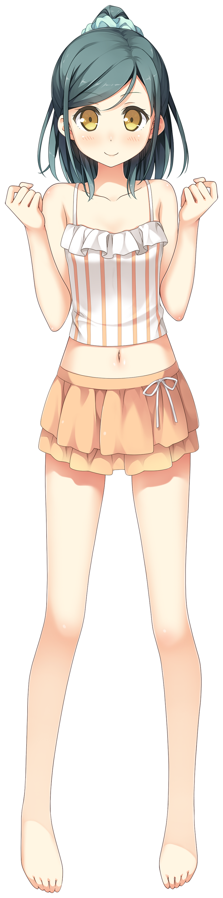 1girl, absurdres, bangs, bare_shoulders, barefoot, bikini_skirt, blush, collarbone