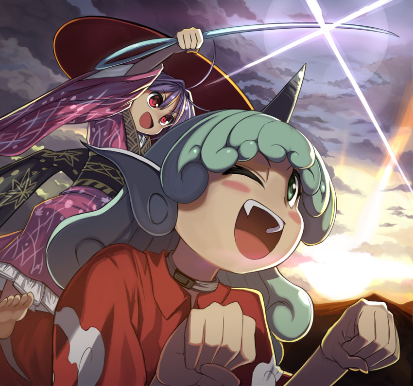 2girls, :d, ;d, animal_ears, arm_up, bangs, barefoot, blush_stickers