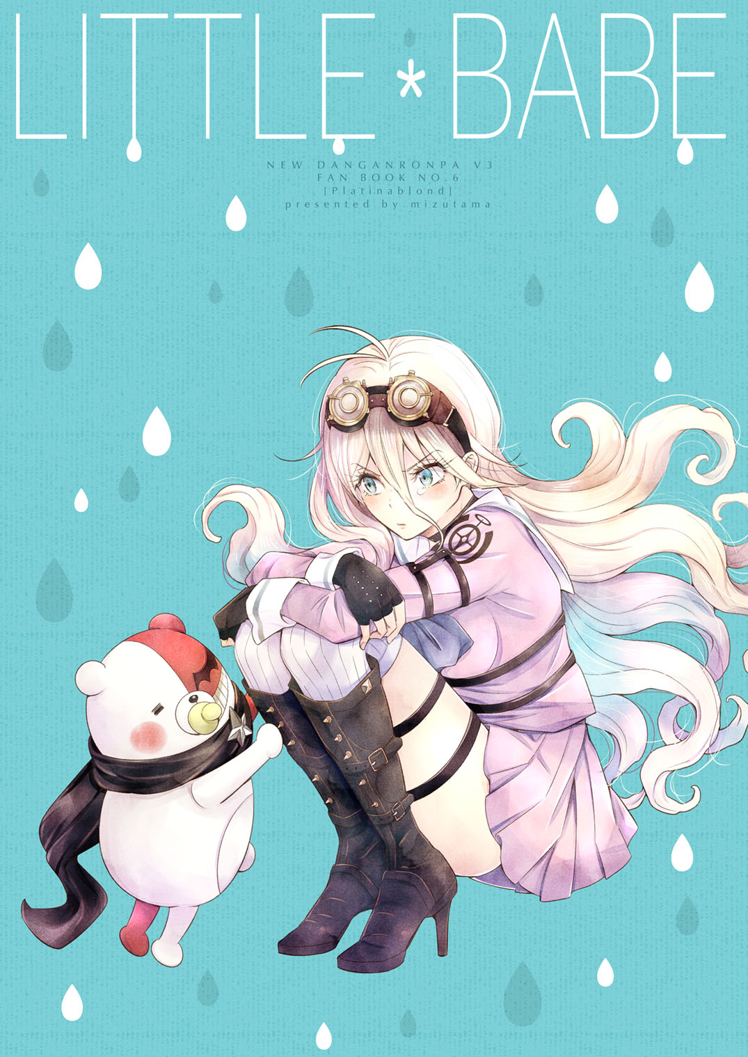 1girl, ahoge, blonde_hair, blue_eyes, boots, dangan_ronpa, english, fingerless_gloves
