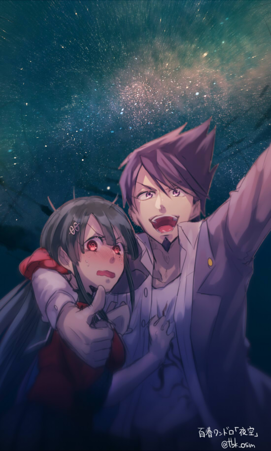 1boy, 1girl, beard, black_hair, blush, dangan_ronpa, embarrassed, facial_hair