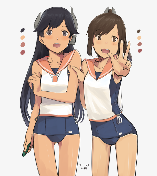 2girls, :d, artist_name, black_eyes, black_hair, brown_eyes, brown_hair, dated