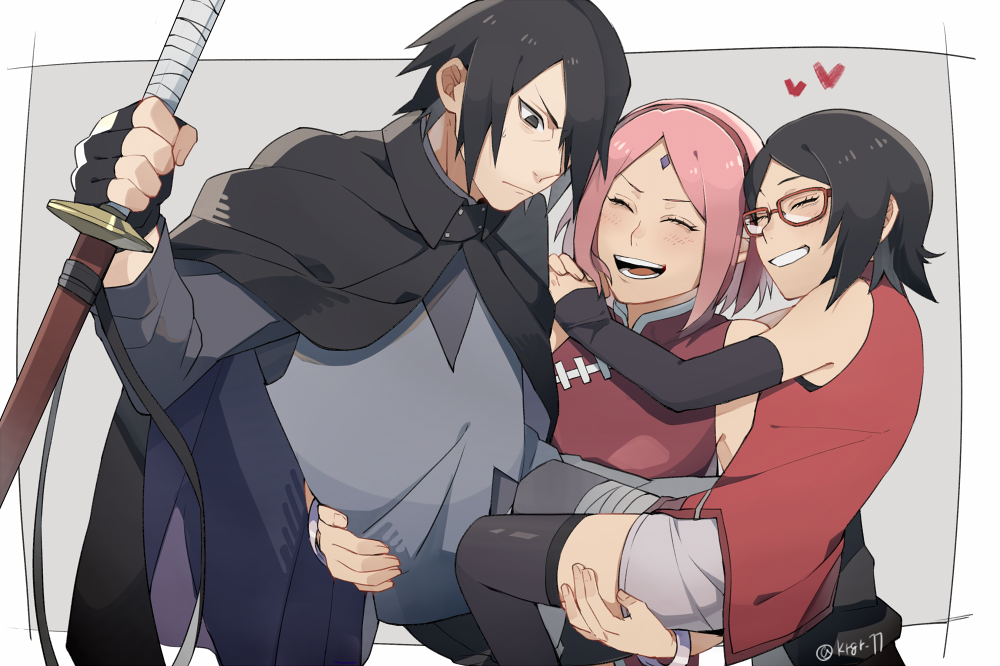 1boy, 2girls, boruto:_naruto_next_generations, carrying, cloak, facial_mark, family, father_and_daughter, forehead_mark, glasses, hair_over_one_eye, hairband, happy, haruno_sakura, heart, husband_and_wife, kiragera, lifting_person, mother_and_daughter, multiple_girls, naruto, pink_hair, scabbard, sheath, smile, sword, uchiha_sarada, uchiha_sasuke, weapon