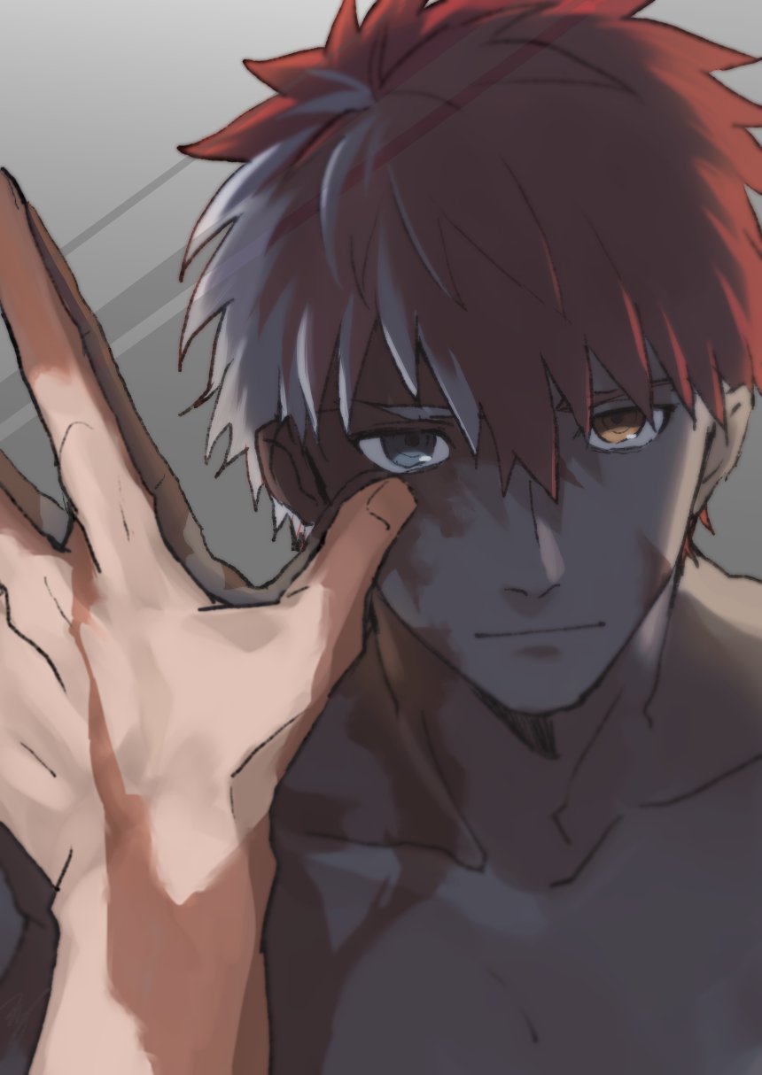 1boy, against_mirror, emiya_shirou, fate/stay_night, fate_(series), grey_eyes, hand_on_mirror, heterochromia, highres, looking_at_mirror, male_focus, matsuya_(syohsa), mirror, multicolored_hair, orange_hair, pov, reflection, serious, shirtless, solo, spoilers, two-tone_hair, yellow_eyes