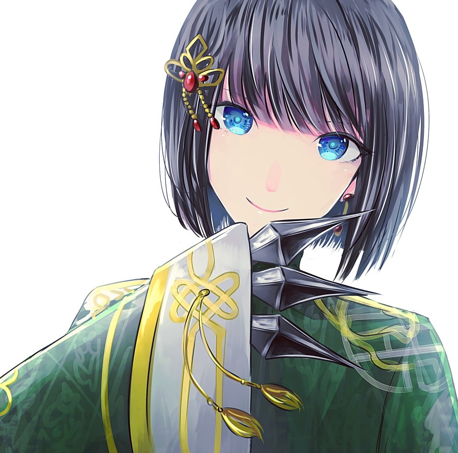 1boy, alternate_costume, androgynous, bangs, black_hair, blue_eyes, blunt_bangs, bob_cut