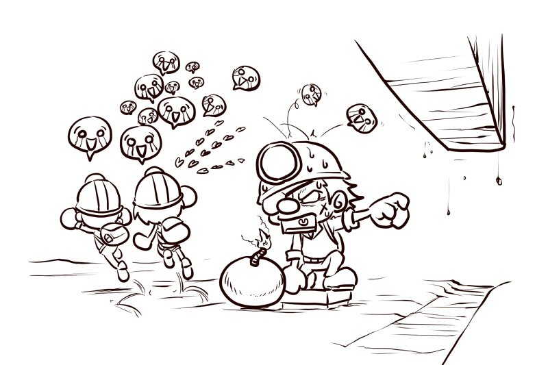 2boys, bad_end, dark_spelunker_(minna_de_waiwai!_spelunker), emoticon, eyepatch, hat, head_bump, headlight, hopping, jumpsuit, minna_de_waiwai!_spelunker, multiple_boys, multiple_girls, pointing, pointing_up, running, shouting, skipping, spelunker, spelunker_(minna_de_waiwai!_spelunker), spelunker_world, spelunkette_(minna_de_waiwai!_spelunker), spiky_hair, sweat, sweatdrop, sweating_profusely, switch