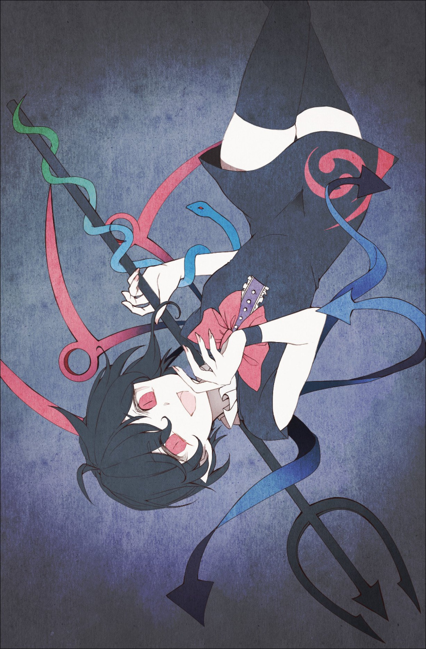 1girl, asymmetrical_wings, black_dress, black_hair, black_legwear, bow, bowtie, dress