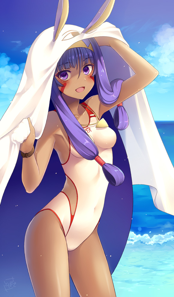1girl, :d, animal_ears, arm_up, armpits, bands, bare_arms, bare_shoulders