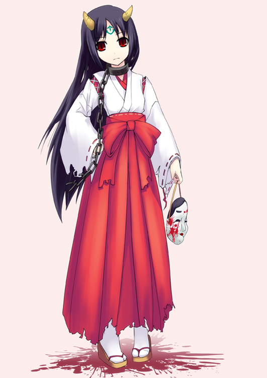 blood, chain, chains, collar, demon_girl, hakama, horns, japanese_clothes, kuroba_(f-15c_eagle), kuroba_(pixiv112373), long_hair, mask, miko, oni, original, red_eyes, tattoo, torn_clothes