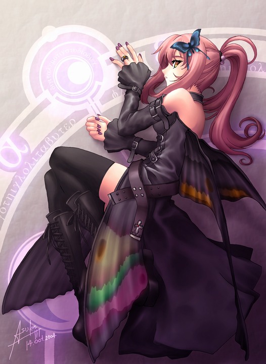 asuka111, butterfly, detached_sleeves, dress, duplicate, gothic, jewelry, long_hair