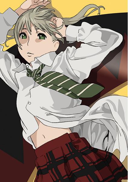 00s, 1girl, blonde_hair, green_eyes, jpeg_artifacts, looking_at_viewer, lying, maka_albarn