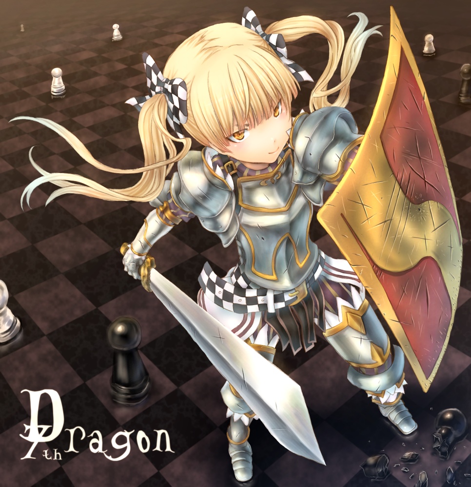 armor, belt, blonde_hair, bow, broken, checkered, chess, damaged