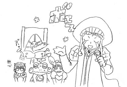 androgynous, belgim_e.o., byonko, greyscale, konjiki_no_gash!!, laila, microphone, patti, singing, translation_request, zofis