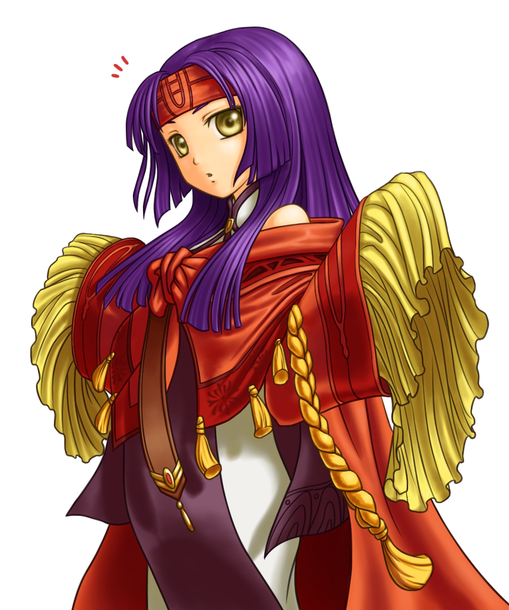 1girl, bare_shoulders, fire_emblem, fire_emblem:_souen_no_kiseki, headband, highres, long_hair, purple_hair, robe, sanaki_kirsch_altina, simple_background, sleeves_past_wrists, solo, soyo2106, white_background, yellow_eyes